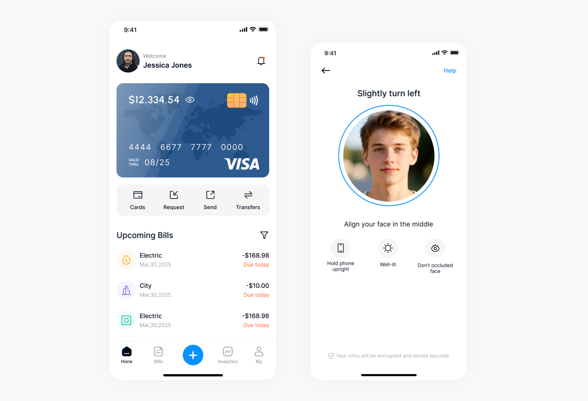 FinFlow Dashboard - Main banking interface with balance and card display