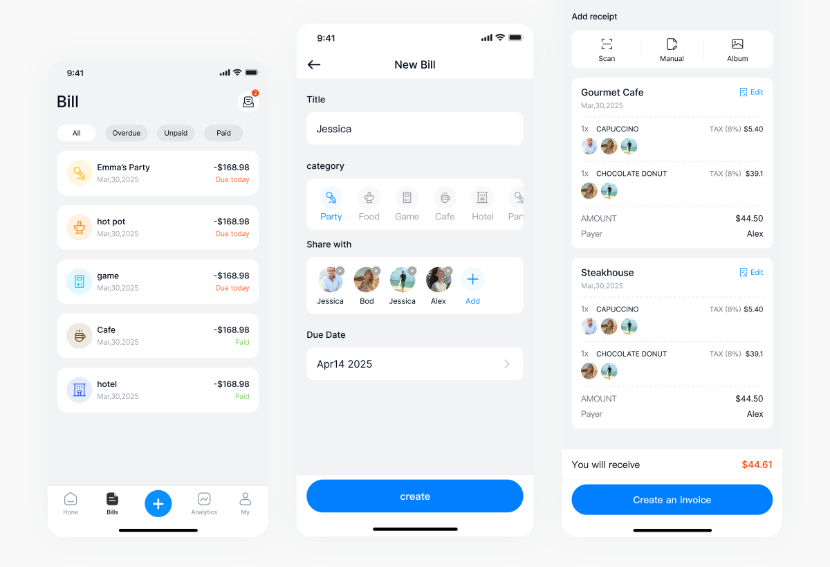 Bill management and payment history interface