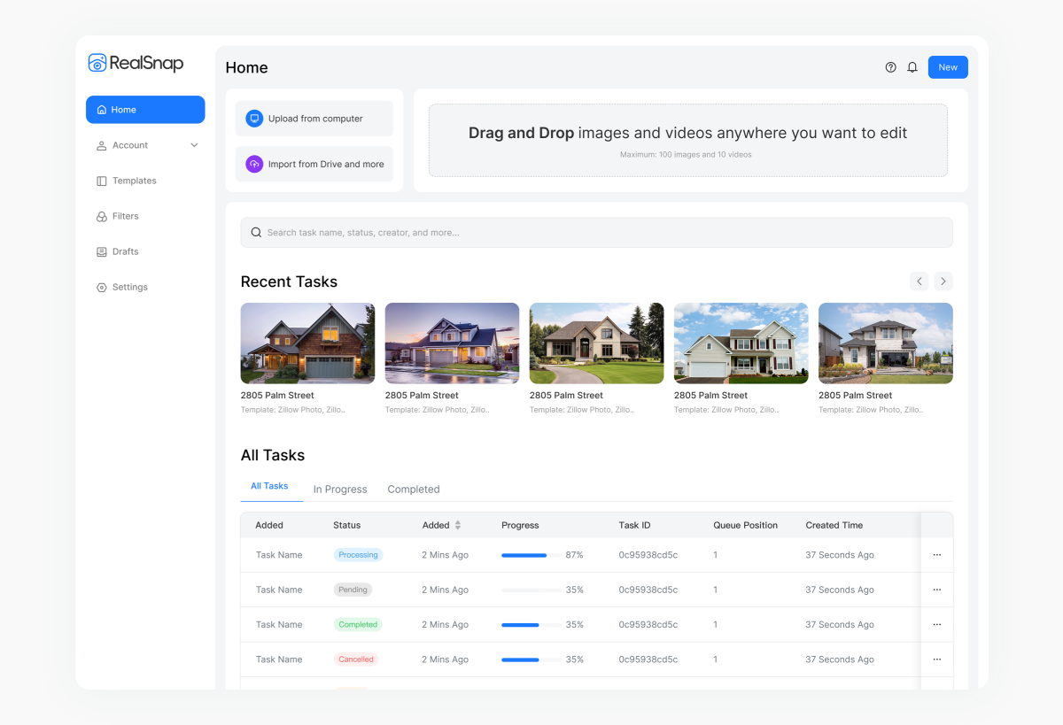 RealSnap Dashboard - Main workspace with photo management and editing tools